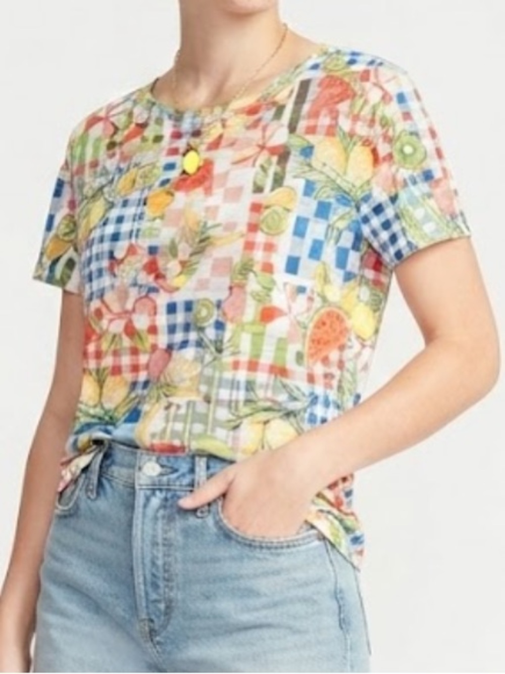 Women's Blue Sol Multicolor Fruit & Gingham Short Sleeve Crewneck Tee Pet Large